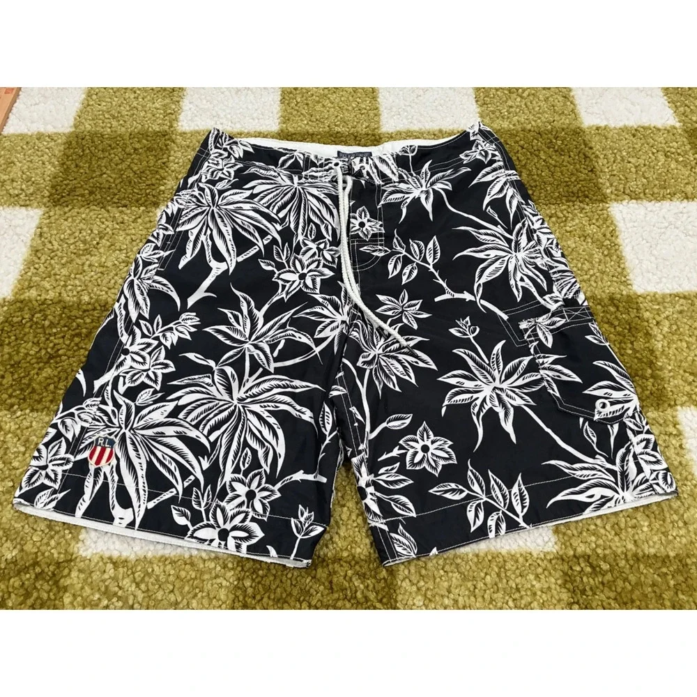 Polo Jeans Co Ralph Lauren Mens Black White Floral Tropical Swim Trunks Size M
